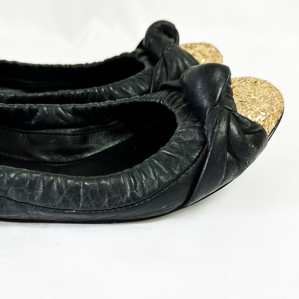 TORY BURCH “Katie” Black Leather Ballet Flats With Gold Glitter Toe Size 7 - Picture 8 of 10